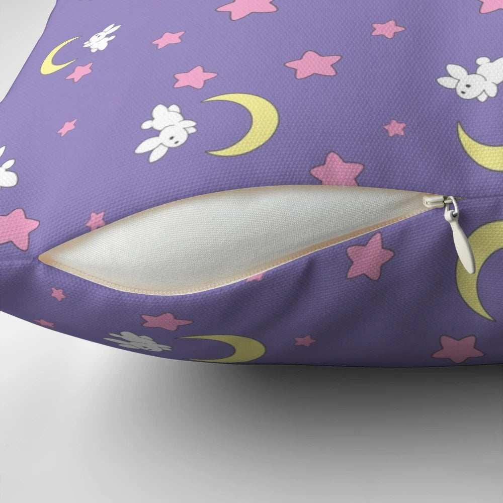 Soft, plush pillow featuring a Sailor Moon inspired crescent moon design with a cute bunny or chibi character.