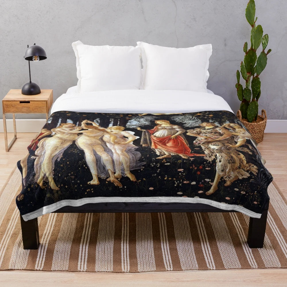 Sandro Botticelli-inspired La Primavera plush blanket with classic renaissance art