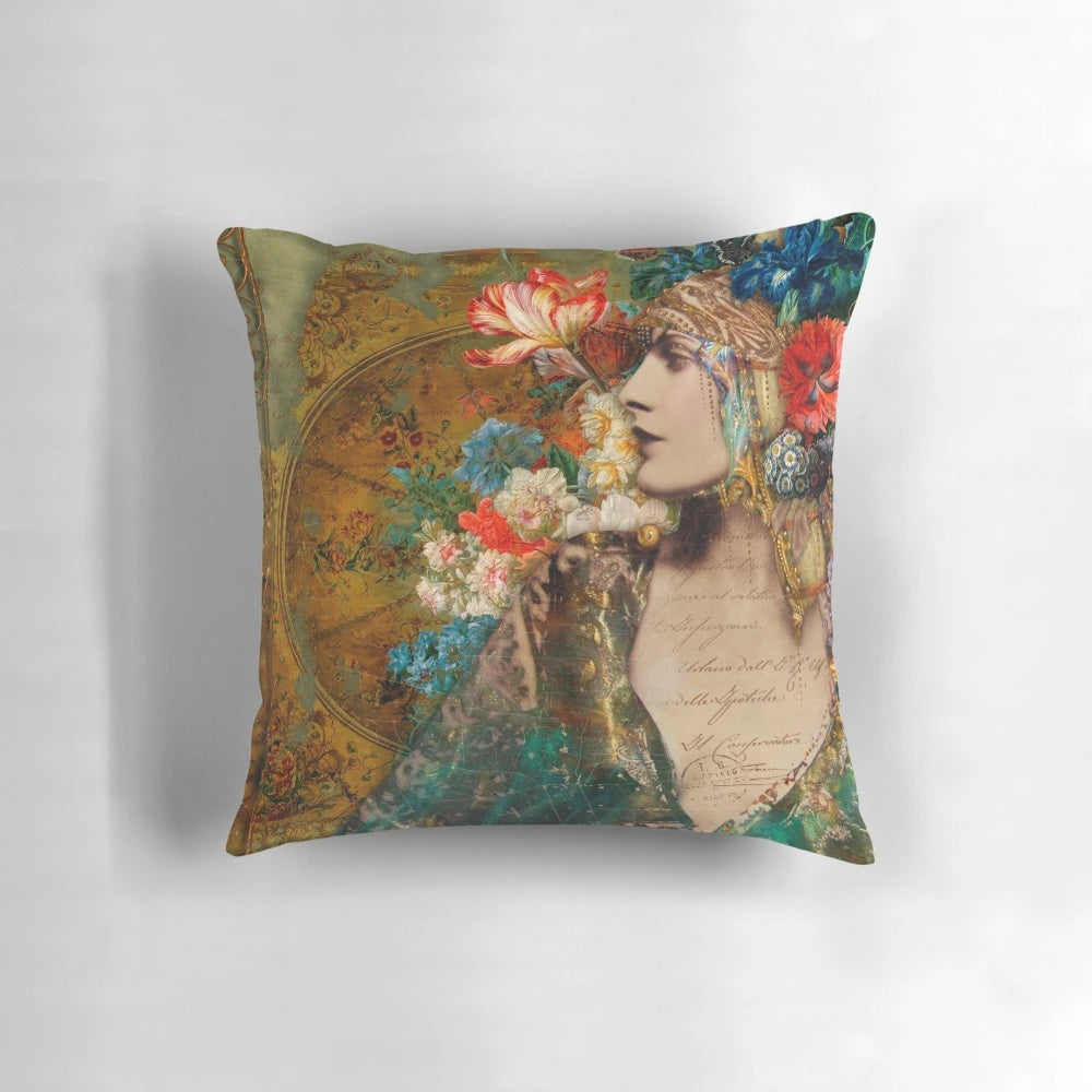 Scheherezade Pillow featuring a digital collage design with floral and Middle Eastern elements