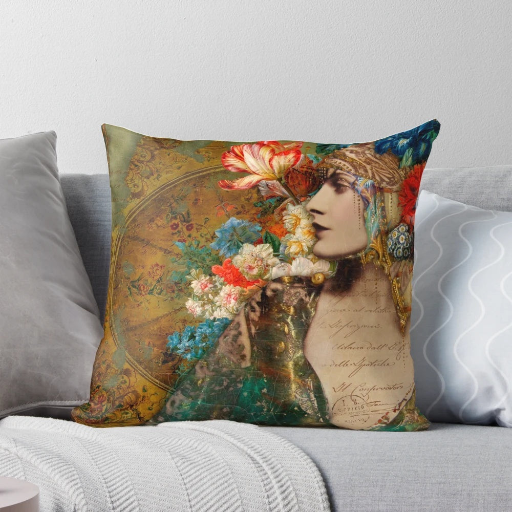 Scheherezade Pillow featuring a digital collage design with floral and Middle Eastern elements