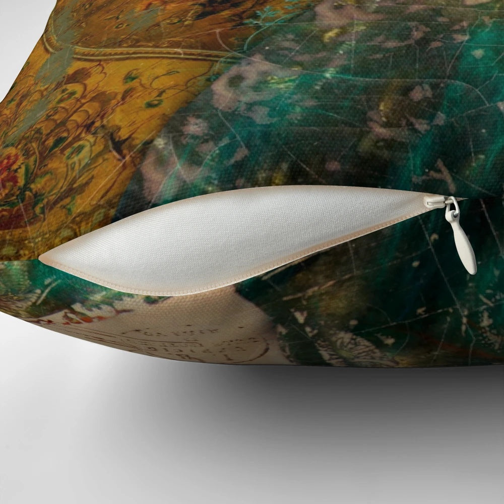 Scheherezade Pillow featuring a digital collage design with floral and Middle Eastern elements