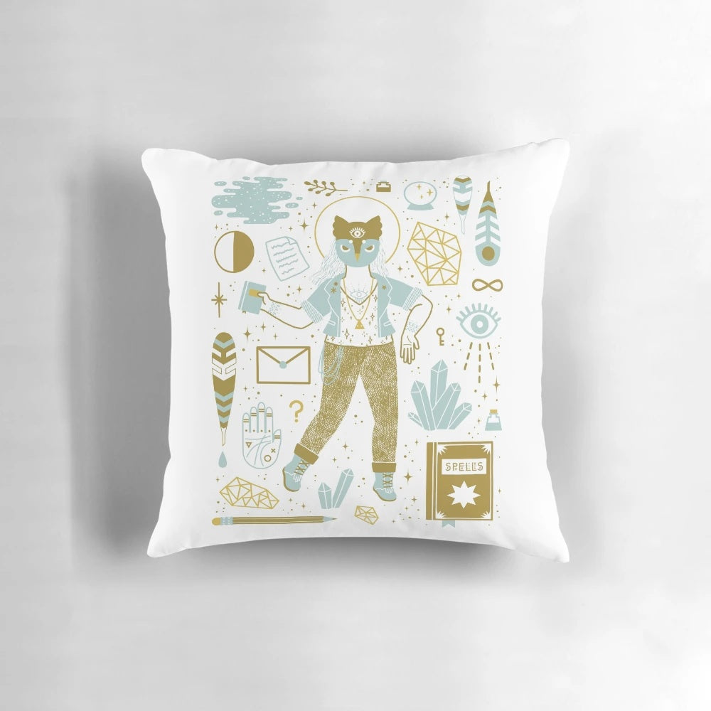 Decorative scholar pillow with witch, goddess, and occult-themed design