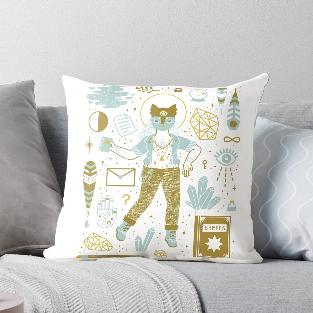Decorative scholar pillow with witch, goddess, and occult-themed design