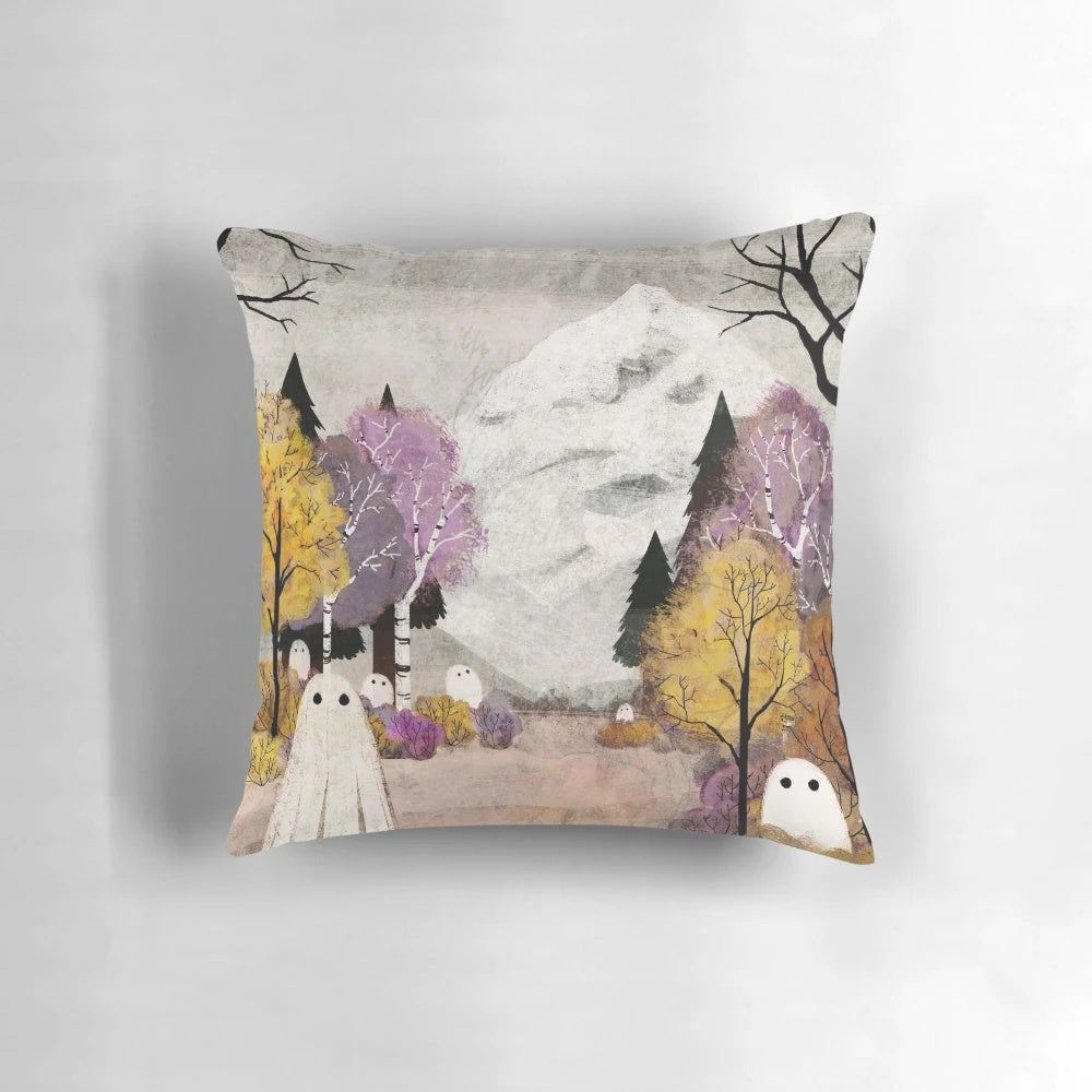 Pillow featuring a serene Scottish landscape with autumn leaves and a snow-capped mountain