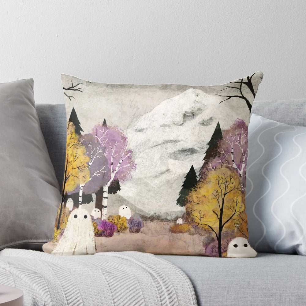 Pillow featuring a serene Scottish landscape with autumn leaves and a snow-capped mountain