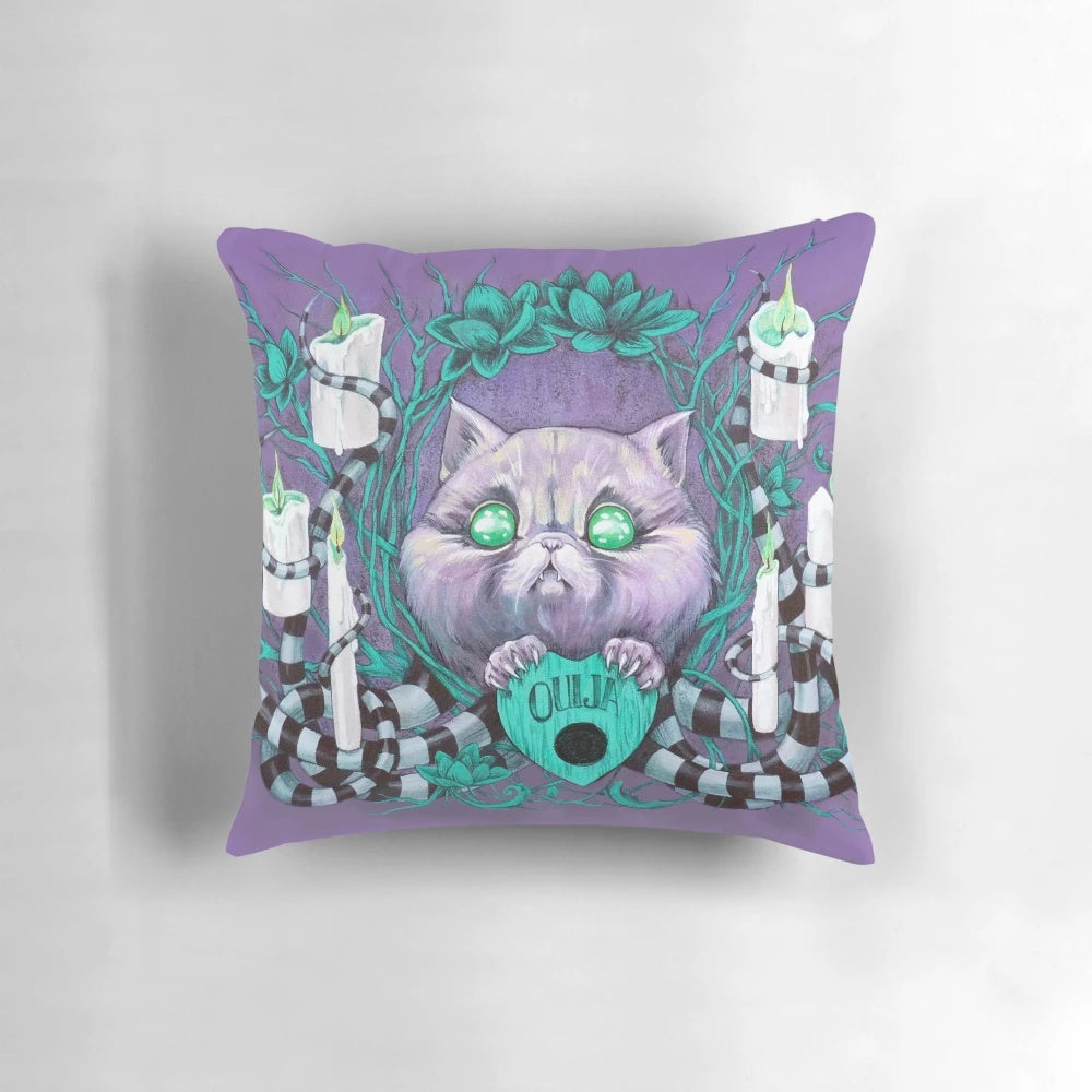 Pillow with a ghostly cat image, perfect for a spooky seance
