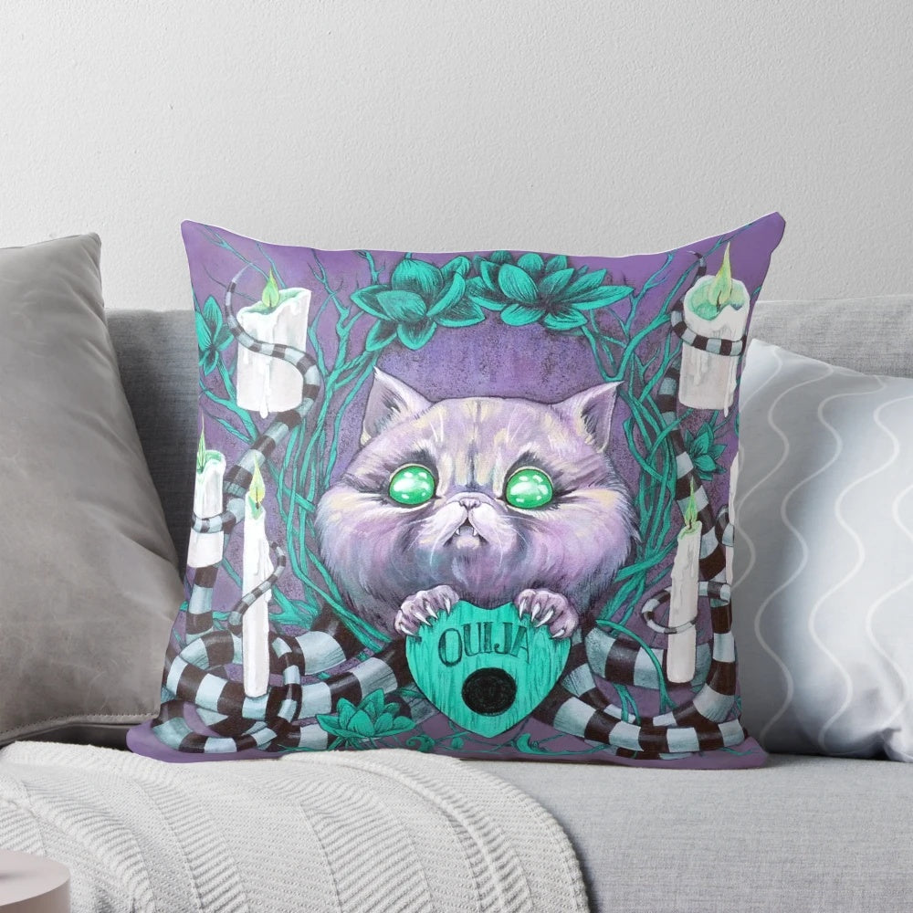 Pillow with a ghostly cat image, perfect for a spooky seance