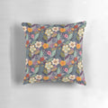 Vibrant floral throw pillow with secret garden-inspired botanical flourishes in navy blue and yellow