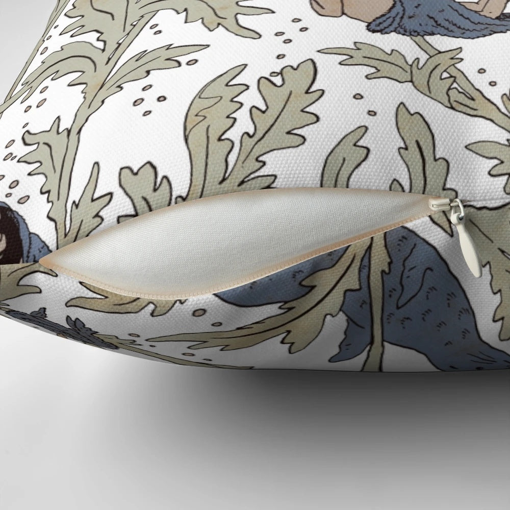 A decorative pillow featuring a swirling, ethereal design inspired by the mythical selkie creatures of coastal folklore.