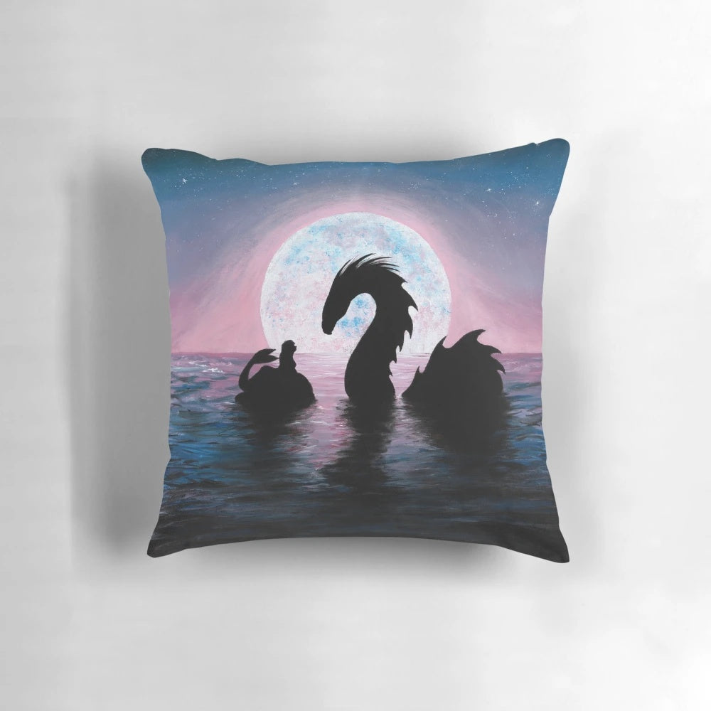 Silent Friends Pillow featuring a magical underwater scene with mermaid, dragon, and seasnake under the night sky