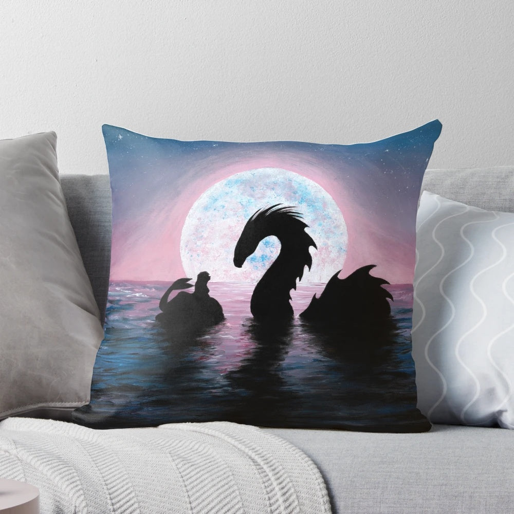 Silent Friends Pillow featuring a magical underwater scene with mermaid, dragon, and seasnake under the night sky