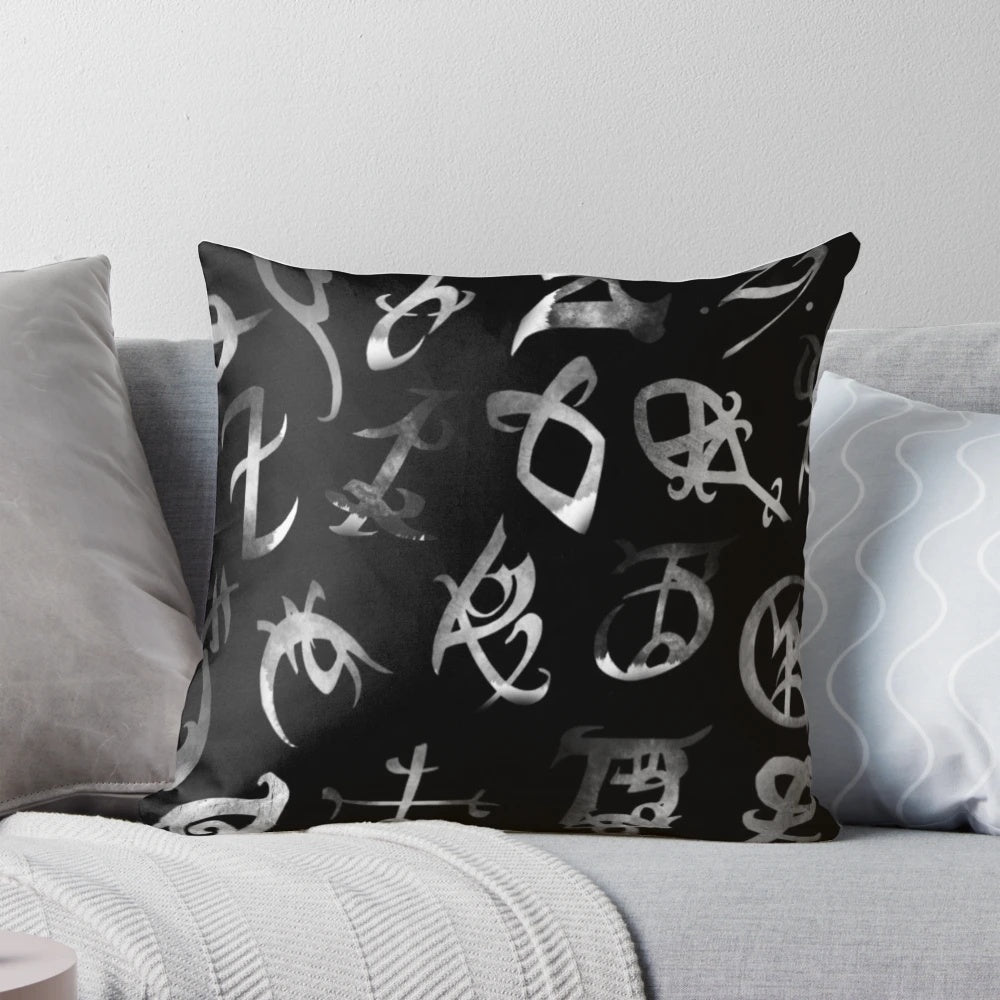 Silver runes decorative pillow featuring characters from The Mortal Instruments series