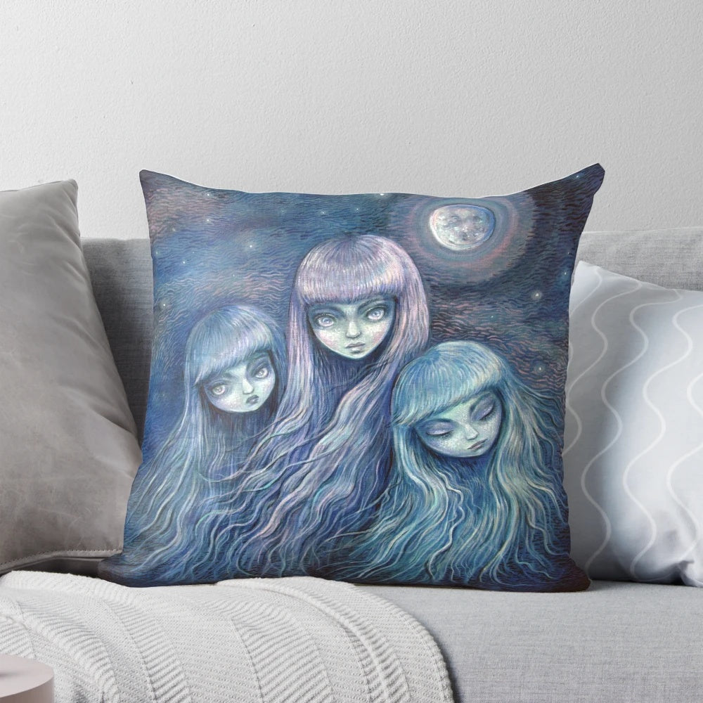 Mystical sisters of the moon pillow with a dark female portrait against a night sky