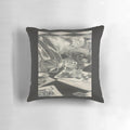 A black and white charcoal portrait of a sleeping Alice from Alice in Wonderland, printed on a pillow.