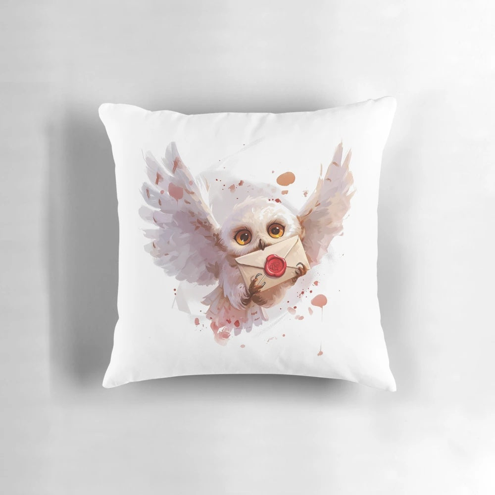 A snowy owl delivering a sealed fantasy letter on a decorative throw pillow