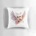 A snowy owl delivering a sealed fantasy letter on a decorative throw pillow