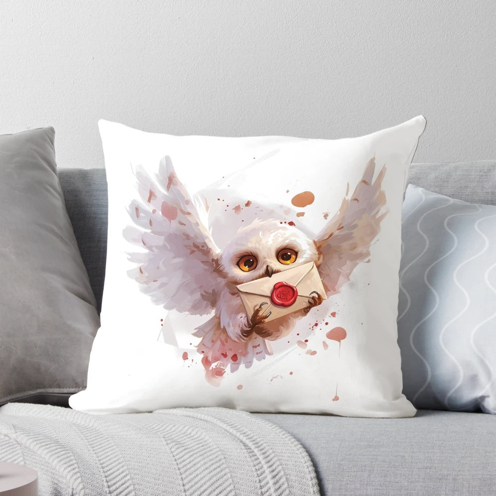 A snowy owl delivering a sealed fantasy letter on a decorative throw pillow