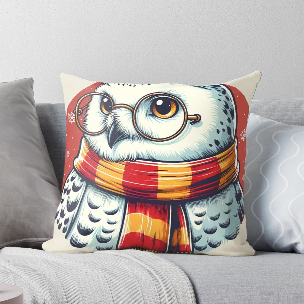 Soft and cozy snowy owl-themed decorative pillow with magical bird design