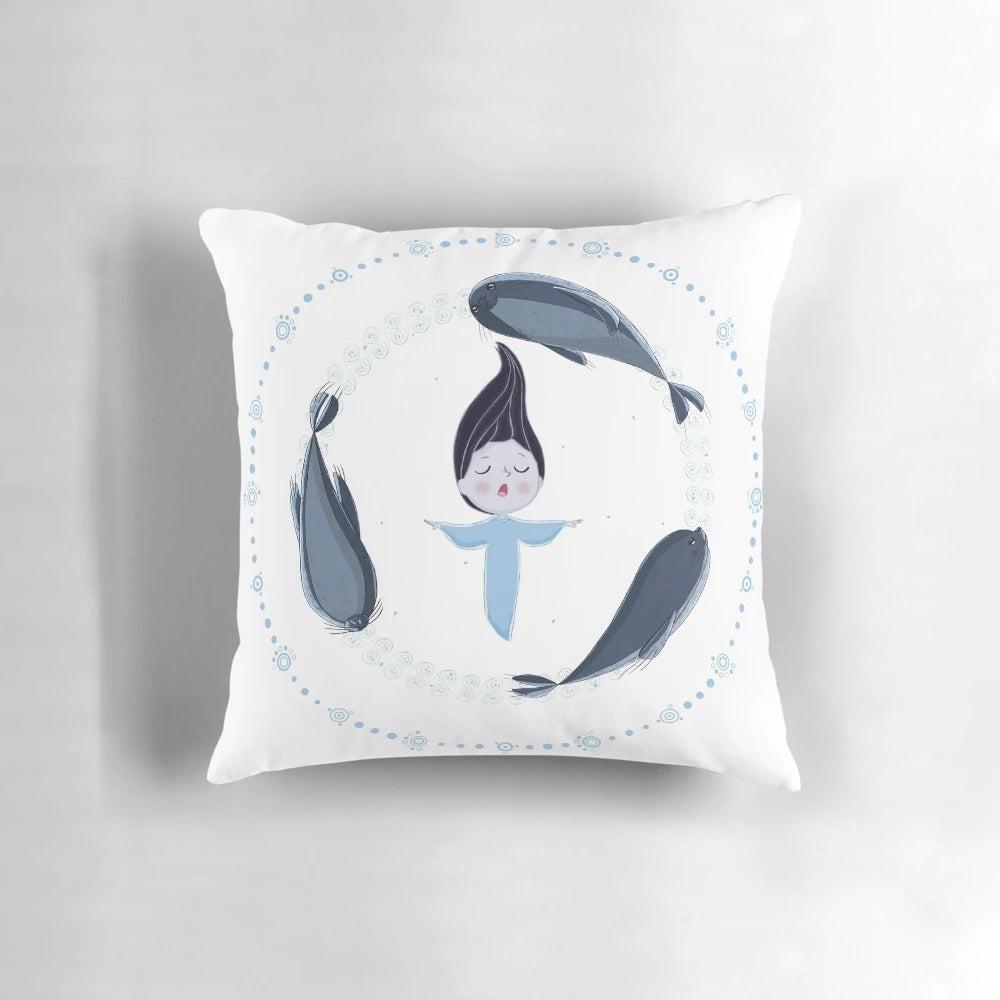 Decorative pillow featuring the magical creatures and setting from the animated film "Song of the Sea