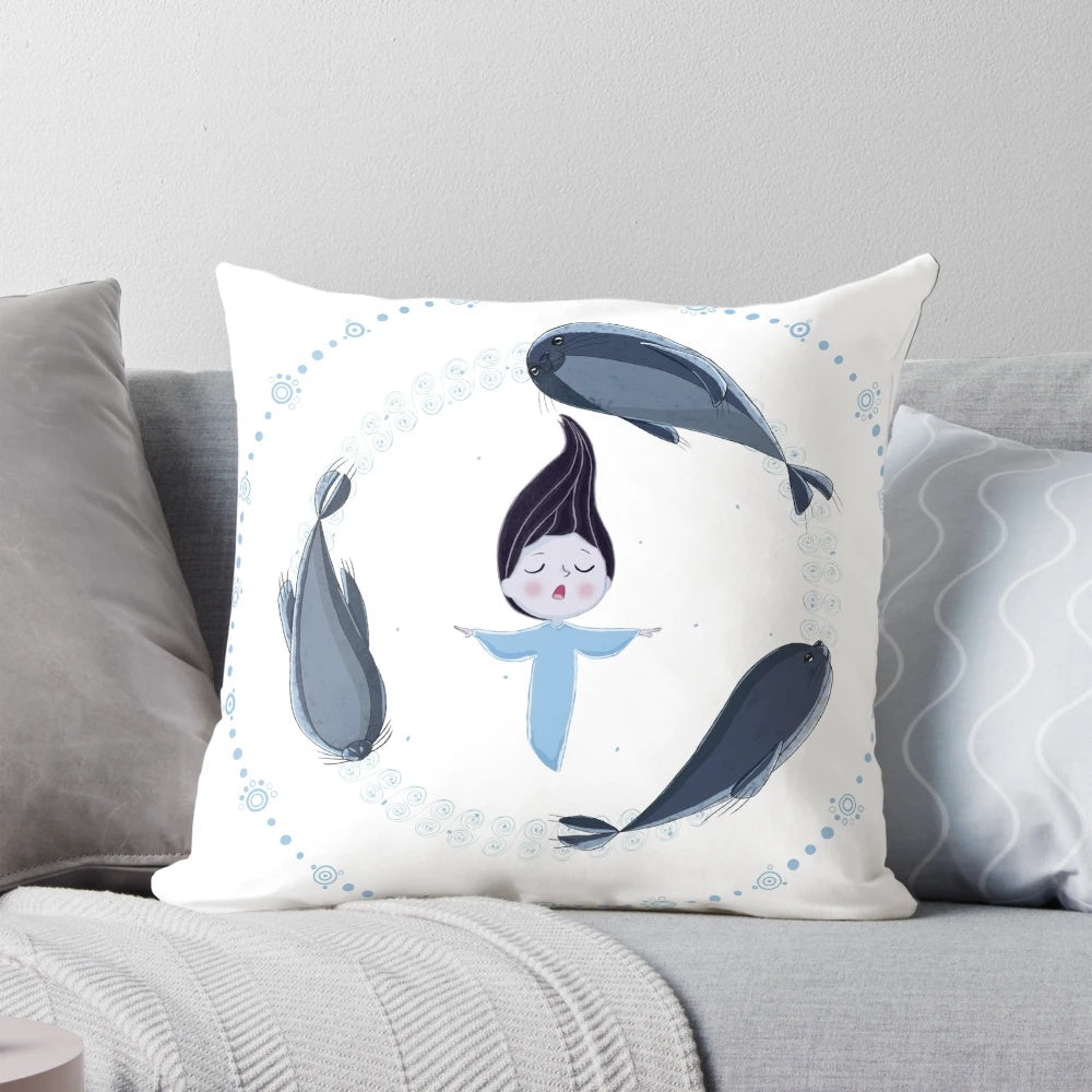 Decorative pillow featuring the magical creatures and setting from the animated film "Song of the Sea