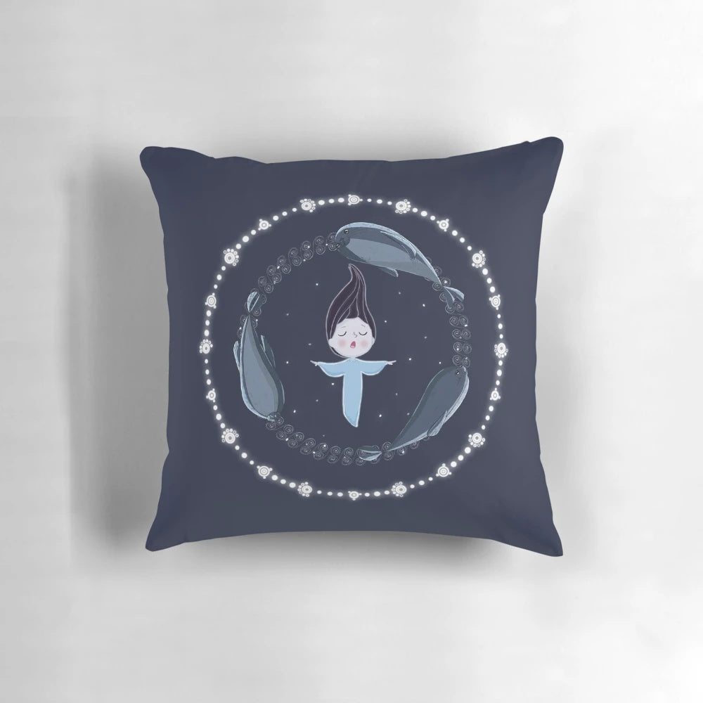 A colorful throw pillow featuring the mythical selkie and seals from the animated film 'Song of the Sea