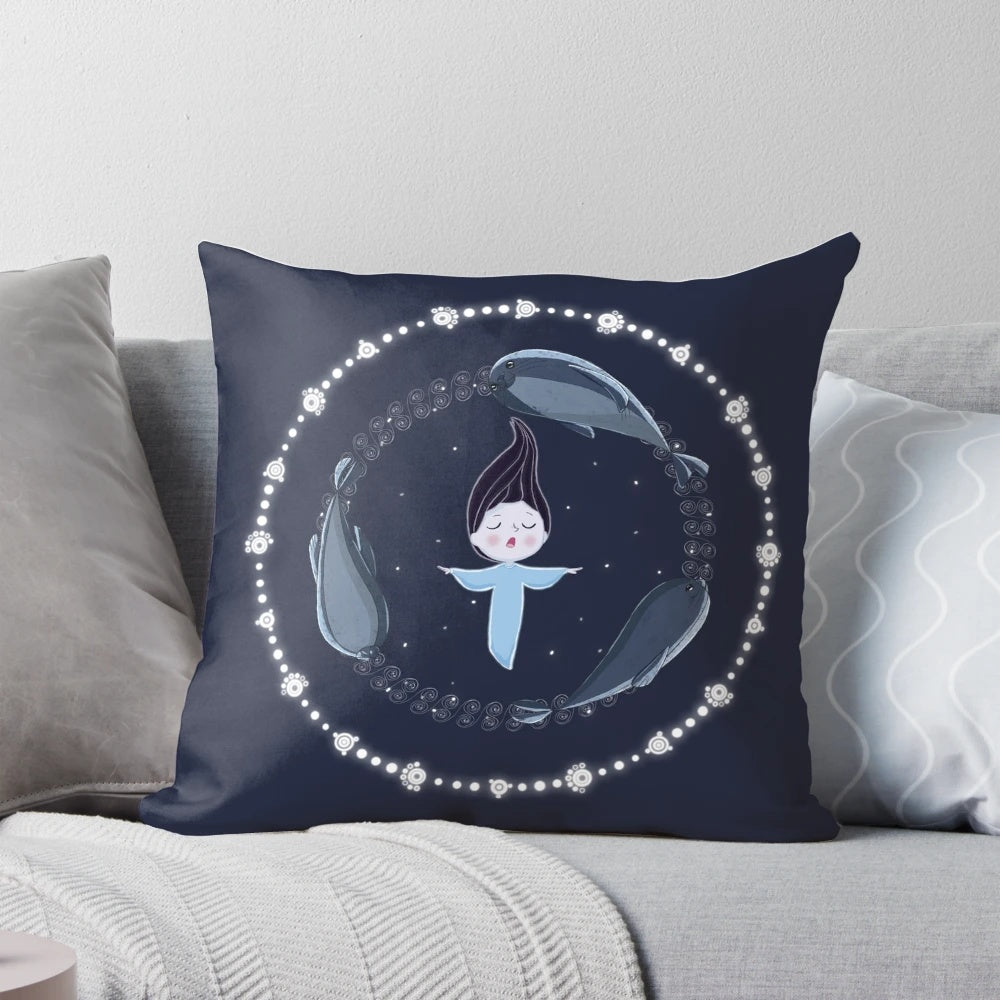 A colorful throw pillow featuring the mythical selkie and seals from the animated film 'Song of the Sea