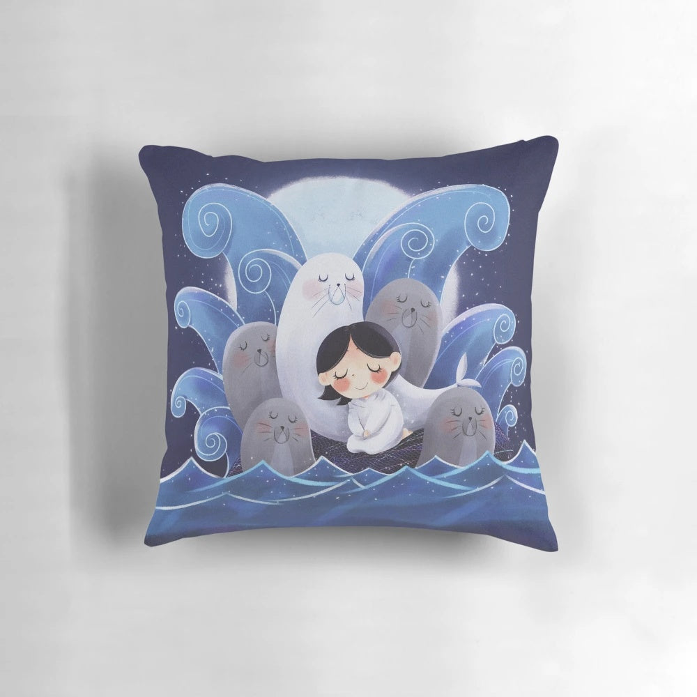 Decorative Song of the Sea throw pillow with a beautiful ocean and selkie design
