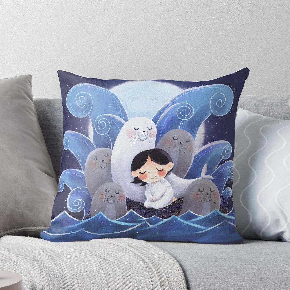 Decorative Song of the Sea throw pillow with a beautiful ocean and selkie design