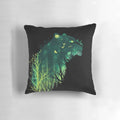 Whimsical space tiger pillow with stars, moon, and forest elements