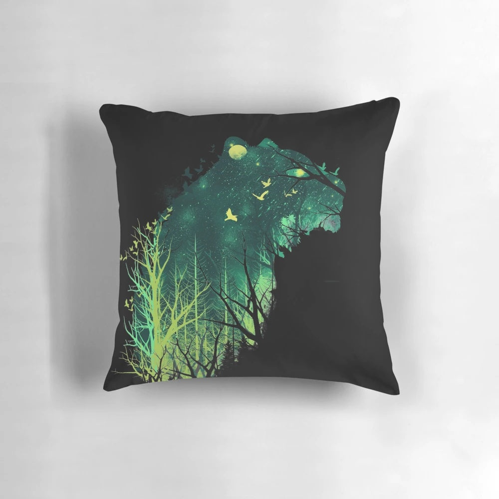 Whimsical space tiger pillow with stars, moon, and forest elements