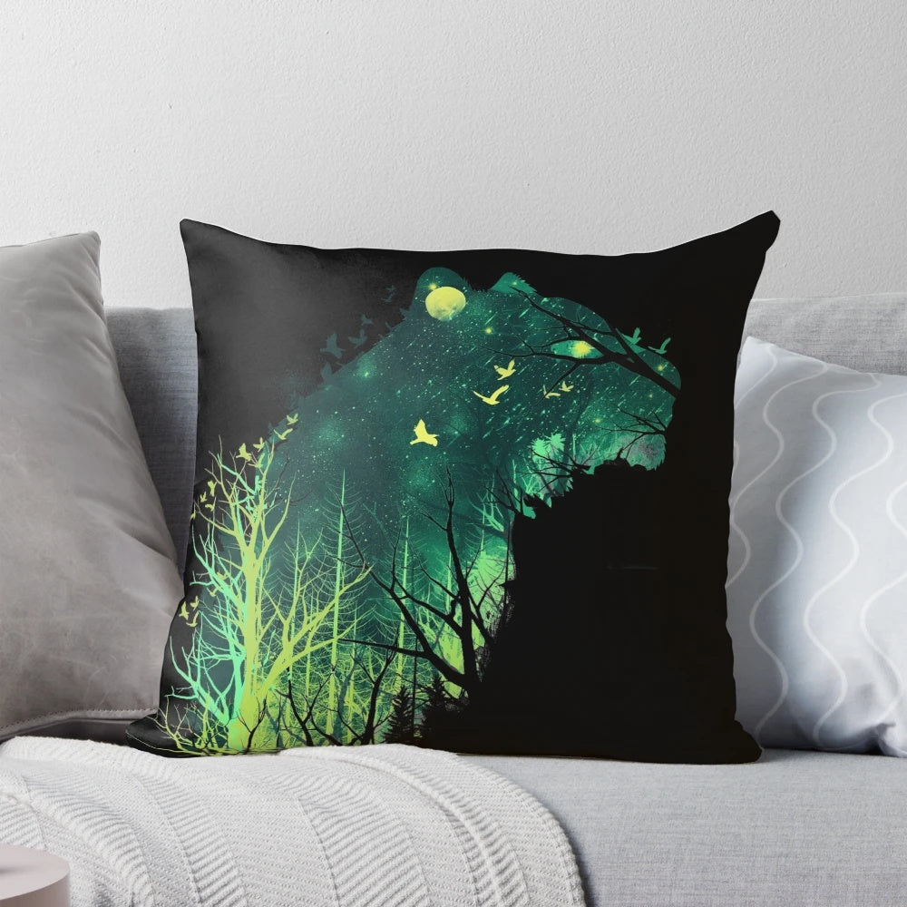 Whimsical space tiger pillow with stars, moon, and forest elements