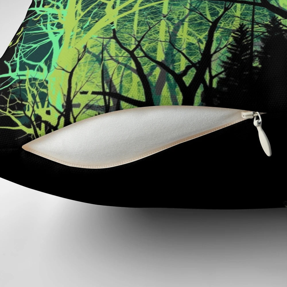 Whimsical space tiger pillow with stars, moon, and forest elements