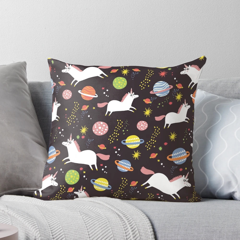 A cozy throw pillow featuring a delightful space unicorn design in a retro, cosmic pattern.