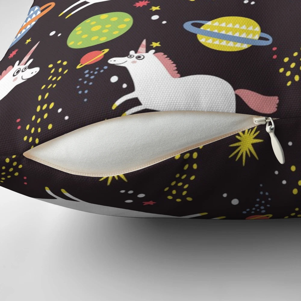A cozy throw pillow featuring a delightful space unicorn design in a retro, cosmic pattern.