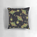 Image of a Spanish luna moth and fireflies on a stained glass-inspired pillow design
