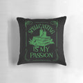 A plush, decorative pillow featuring the design "Spellcasting is my passion" with magical elements like a cauldron, crystals, and spooky text.