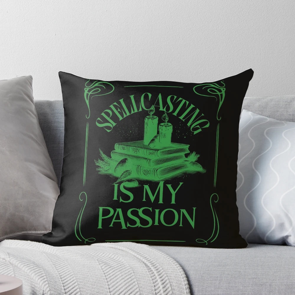 A plush, decorative pillow featuring the design "Spellcasting is my passion" with magical elements like a cauldron, crystals, and spooky text.