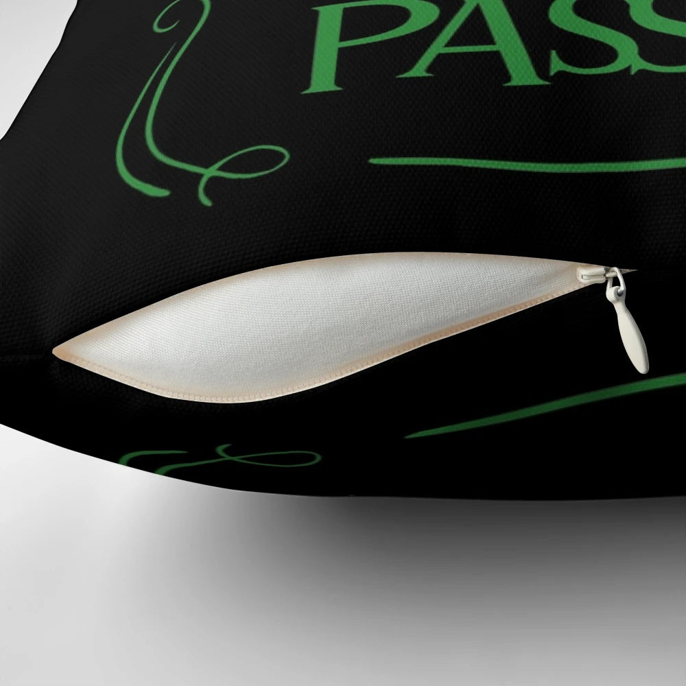 A plush, decorative pillow featuring the design "Spellcasting is my passion" with magical elements like a cauldron, crystals, and spooky text.
