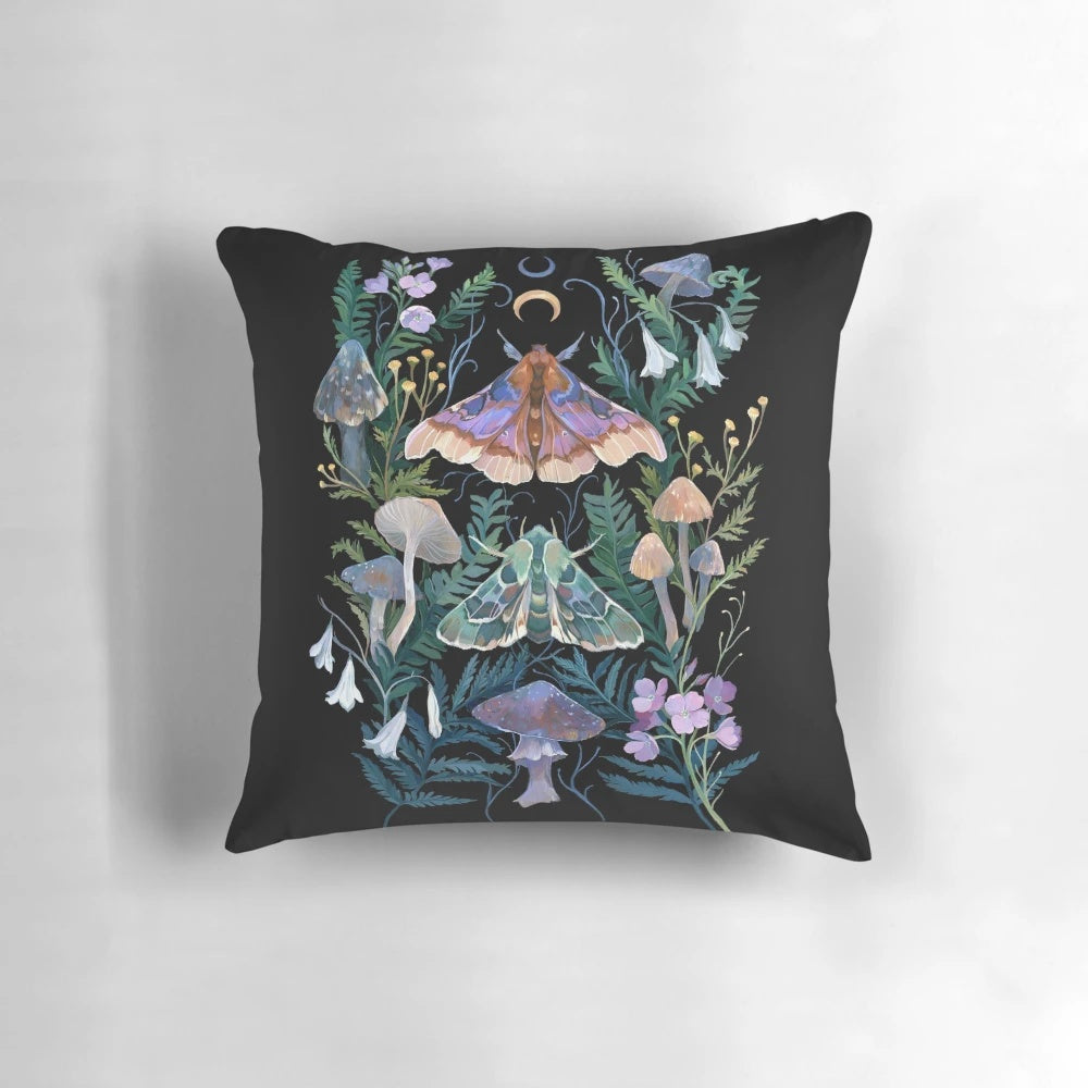 Sphinx moth mushroom pillow with whimsical floral and botanical design