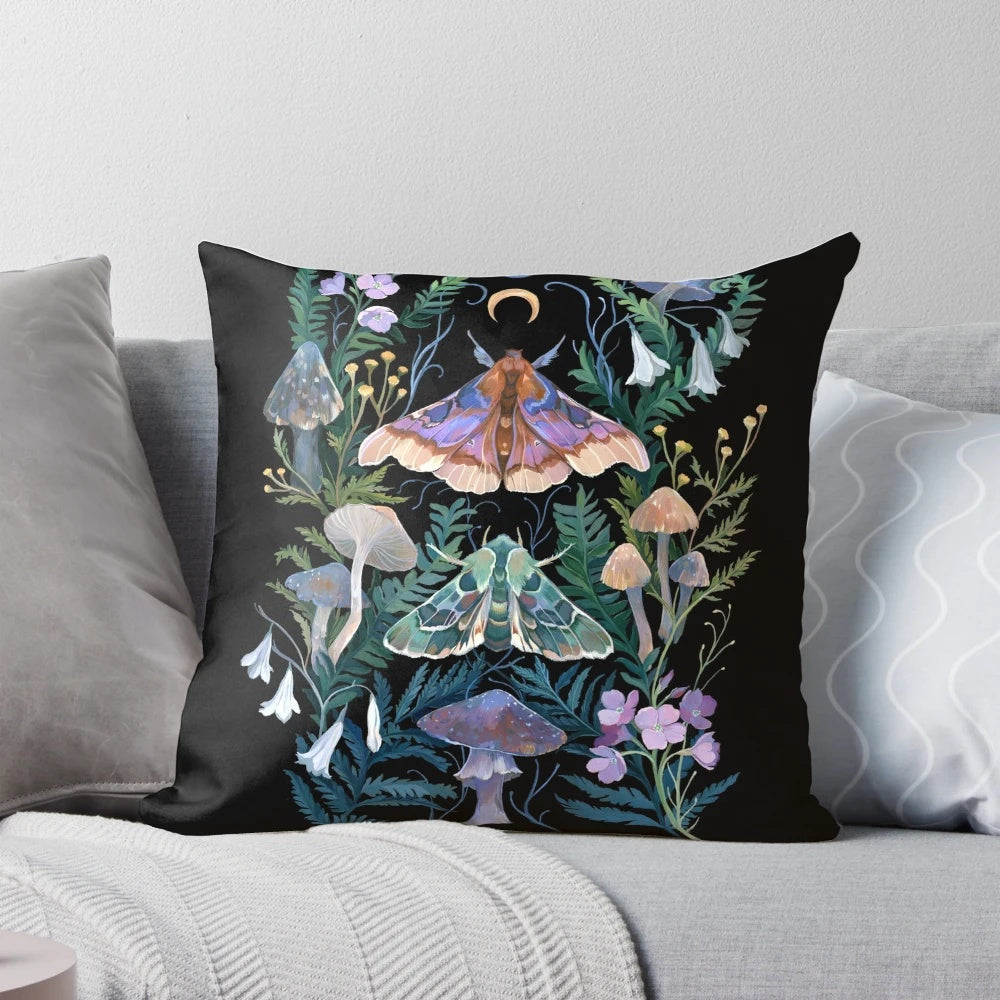 Sphinx moth mushroom pillow with whimsical floral and botanical design
