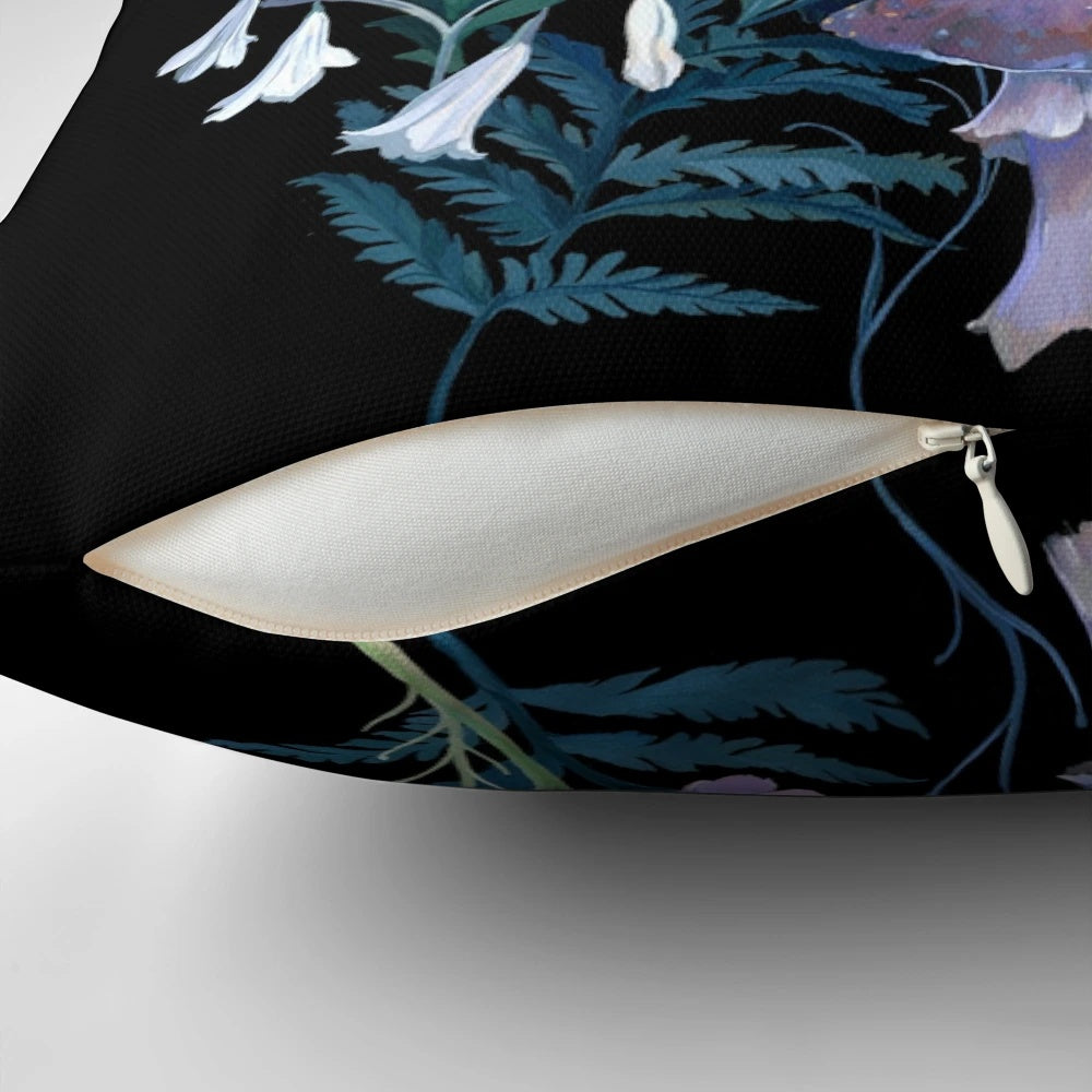 Sphinx moth mushroom pillow with whimsical floral and botanical design