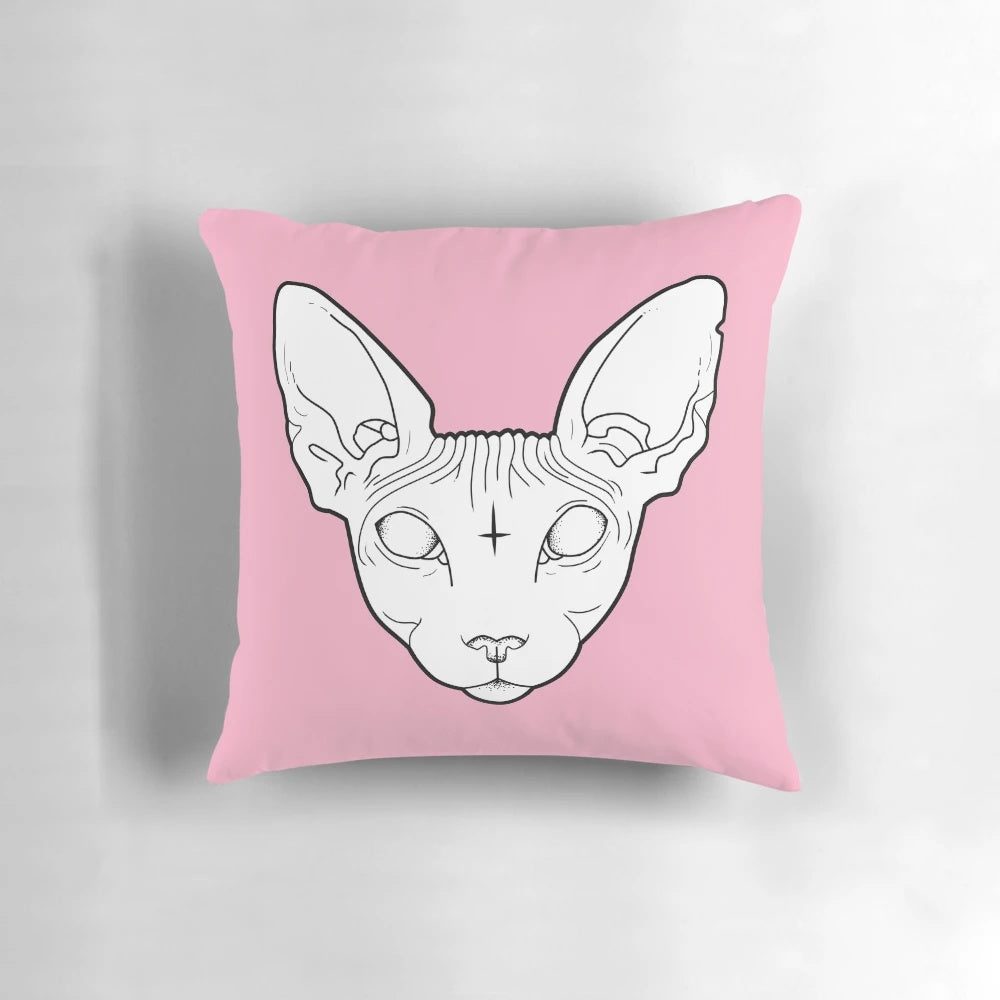 A white sphynx cat pillow with a dotwork, occult-inspired design, perfect for adding a touch of whimsy to any space.