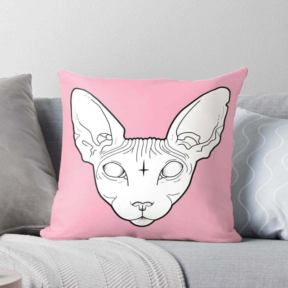 A white sphynx cat pillow with a dotwork, occult-inspired design, perfect for adding a touch of whimsy to any space.