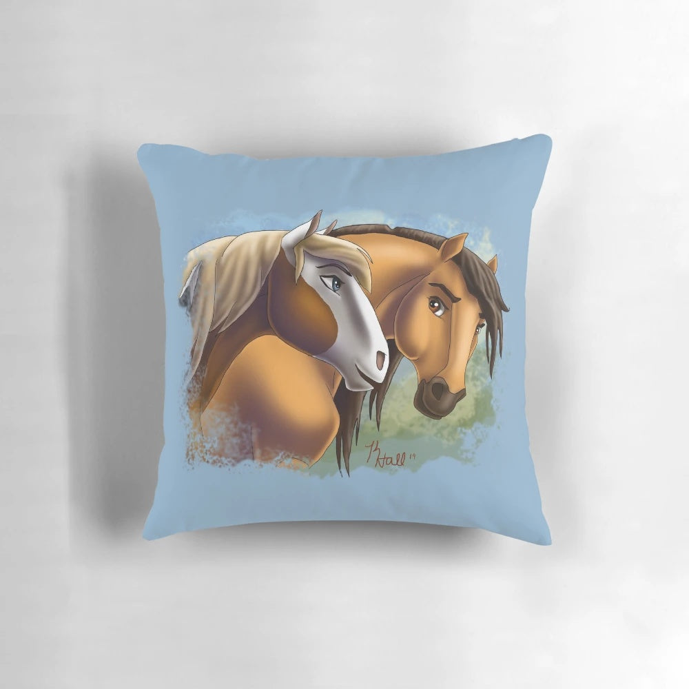 Beautifully designed "Spirit and Rain" inspired decorative pillow featuring horses and nature imagery.