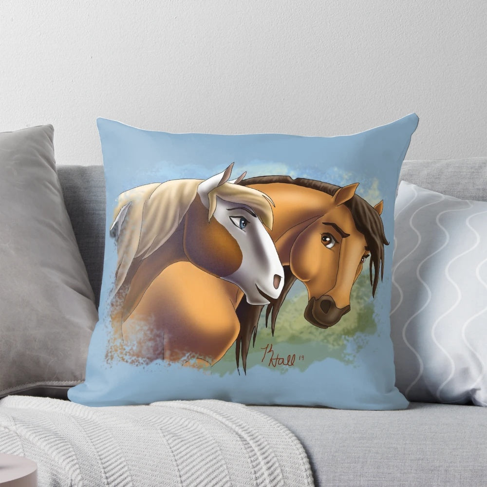 Beautifully designed "Spirit and Rain" inspired decorative pillow featuring horses and nature imagery.