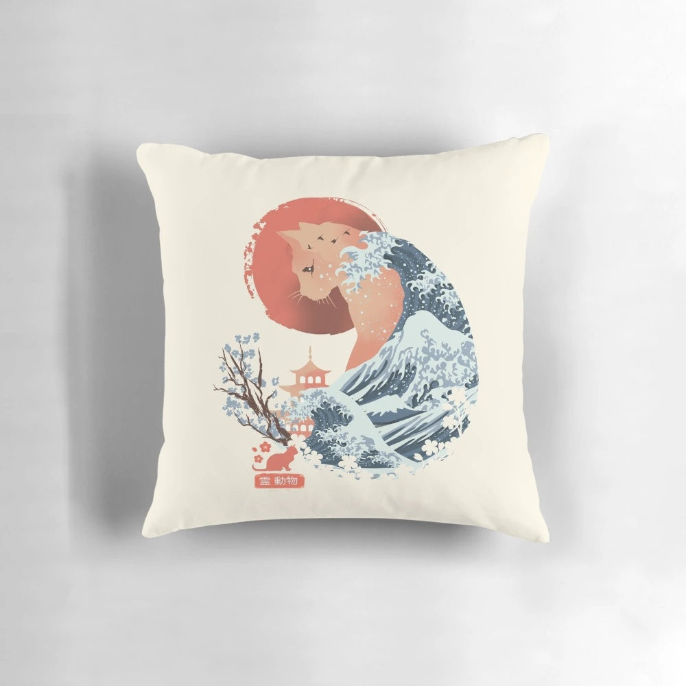 Beautifully illustrated "Spirit Animal" cat pillow with ukiyo-e inspired Japanese art design