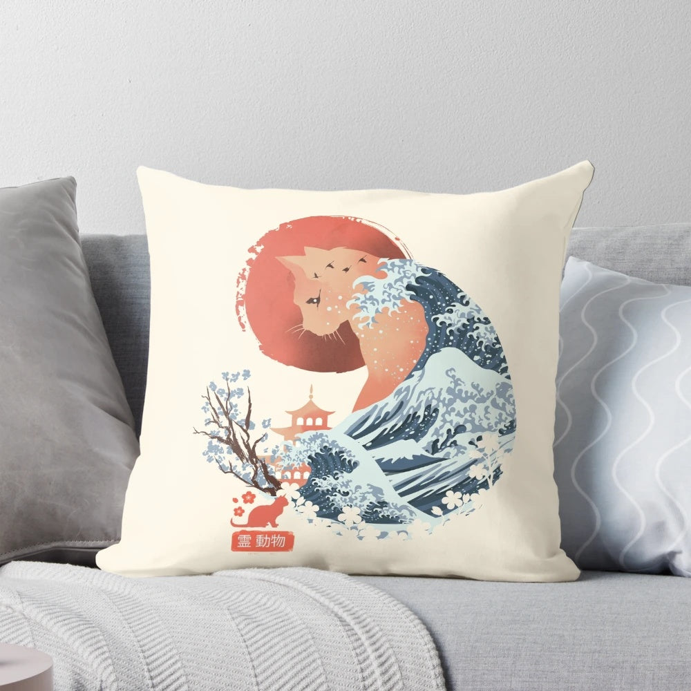 Beautifully illustrated "Spirit Animal" cat pillow with ukiyo-e inspired Japanese art design