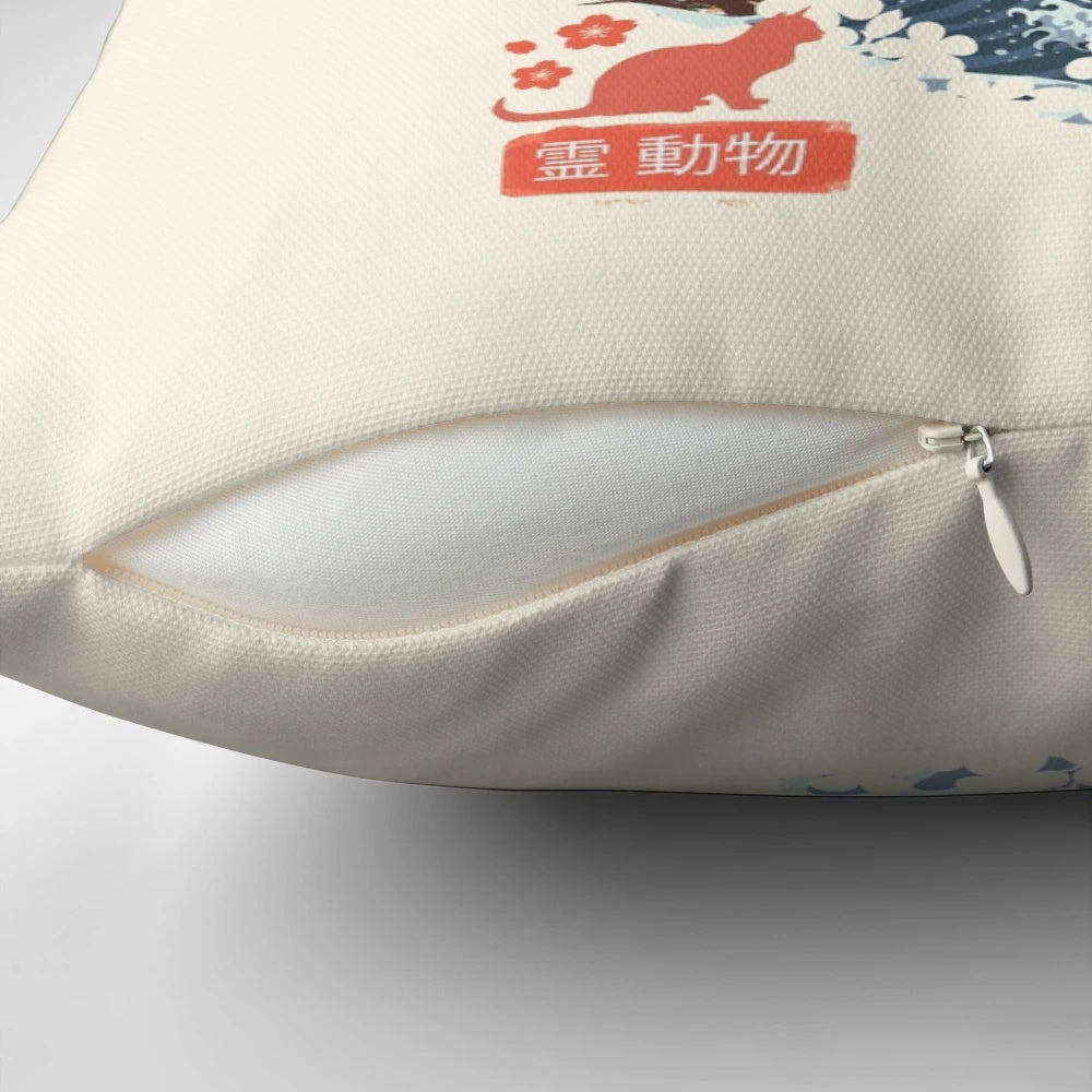 Beautifully illustrated "Spirit Animal" cat pillow with ukiyo-e inspired Japanese art design