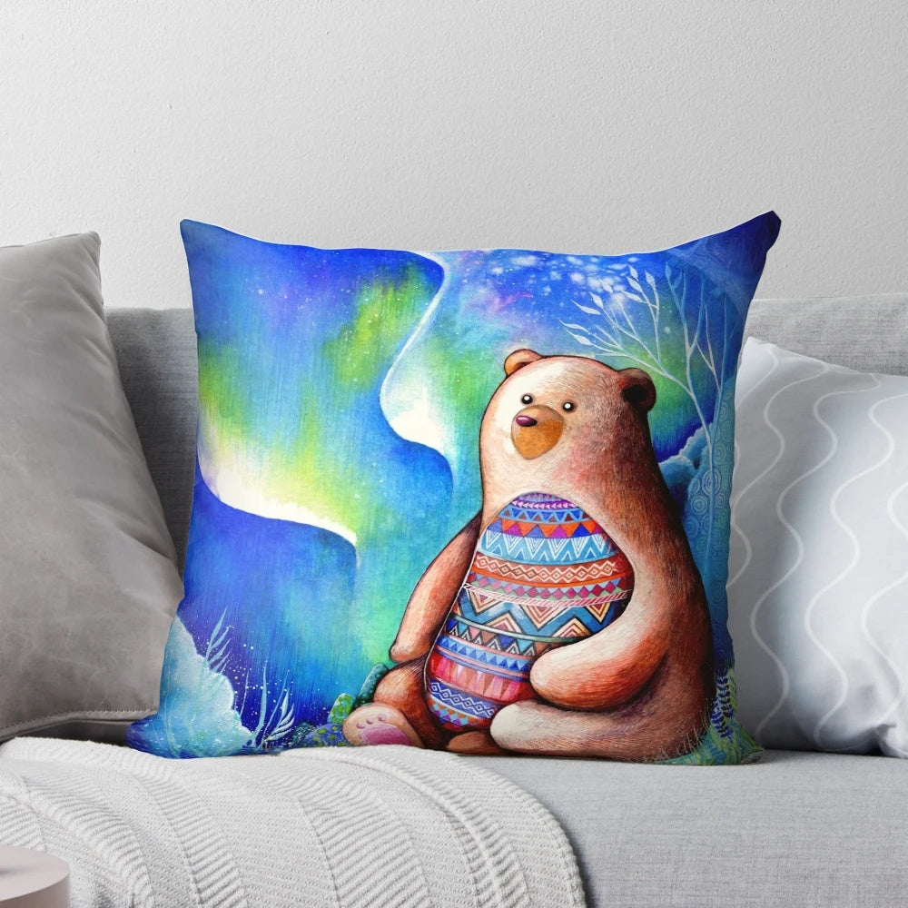 Serene watercolor painting of a white spirit bear in a mystical forest landscape