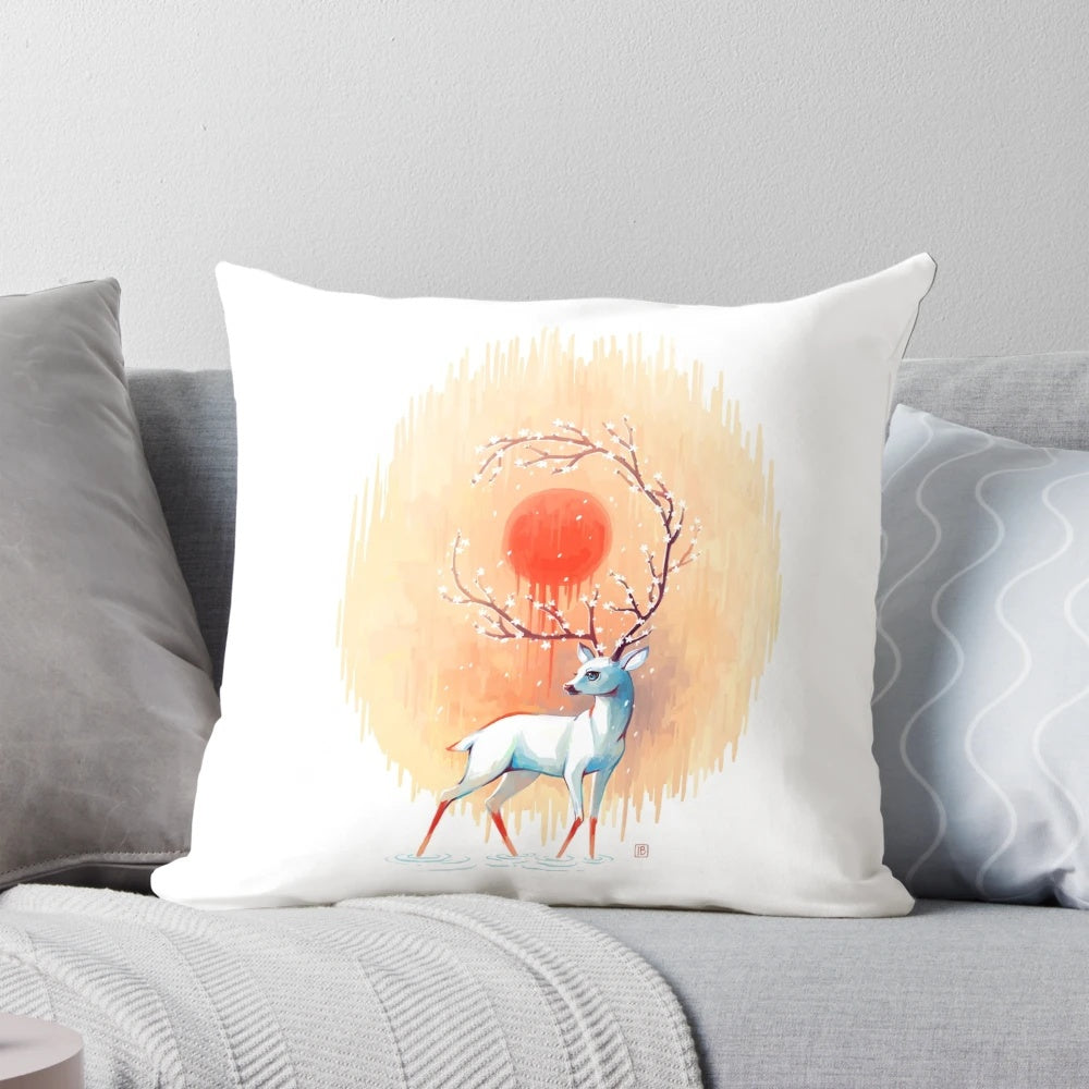 Whimsical spring pillow featuring a deer in a floral fantasy landscape